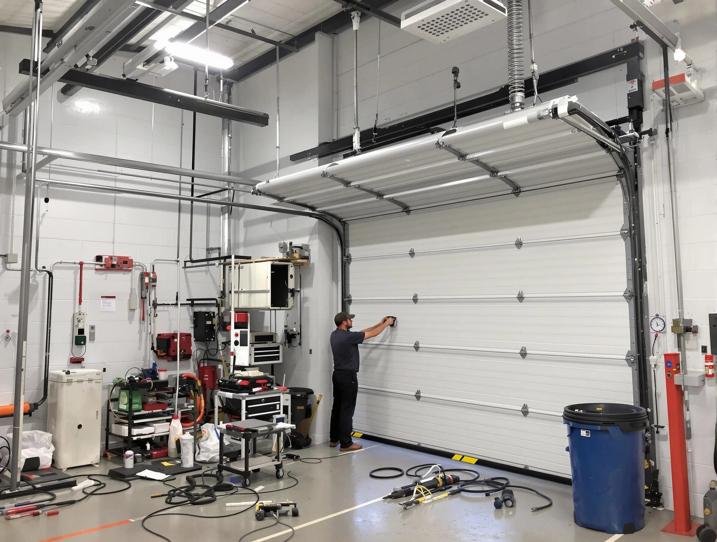 Lafayette Garage Door Repair certified technician performing commercial door repair at a Lafayette business facility
