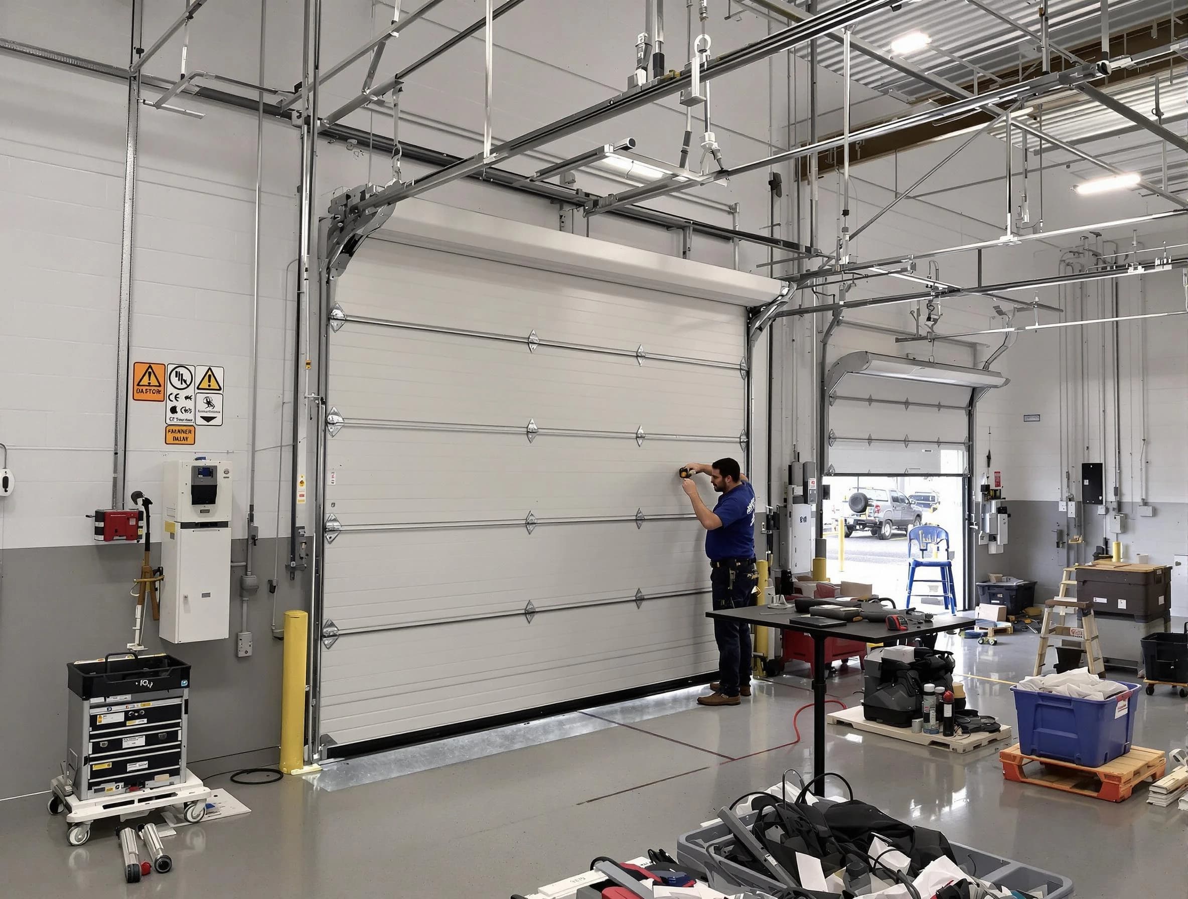Commercial garage door repair being performed by Lafayette Garage Door Repair expert in Lafayette