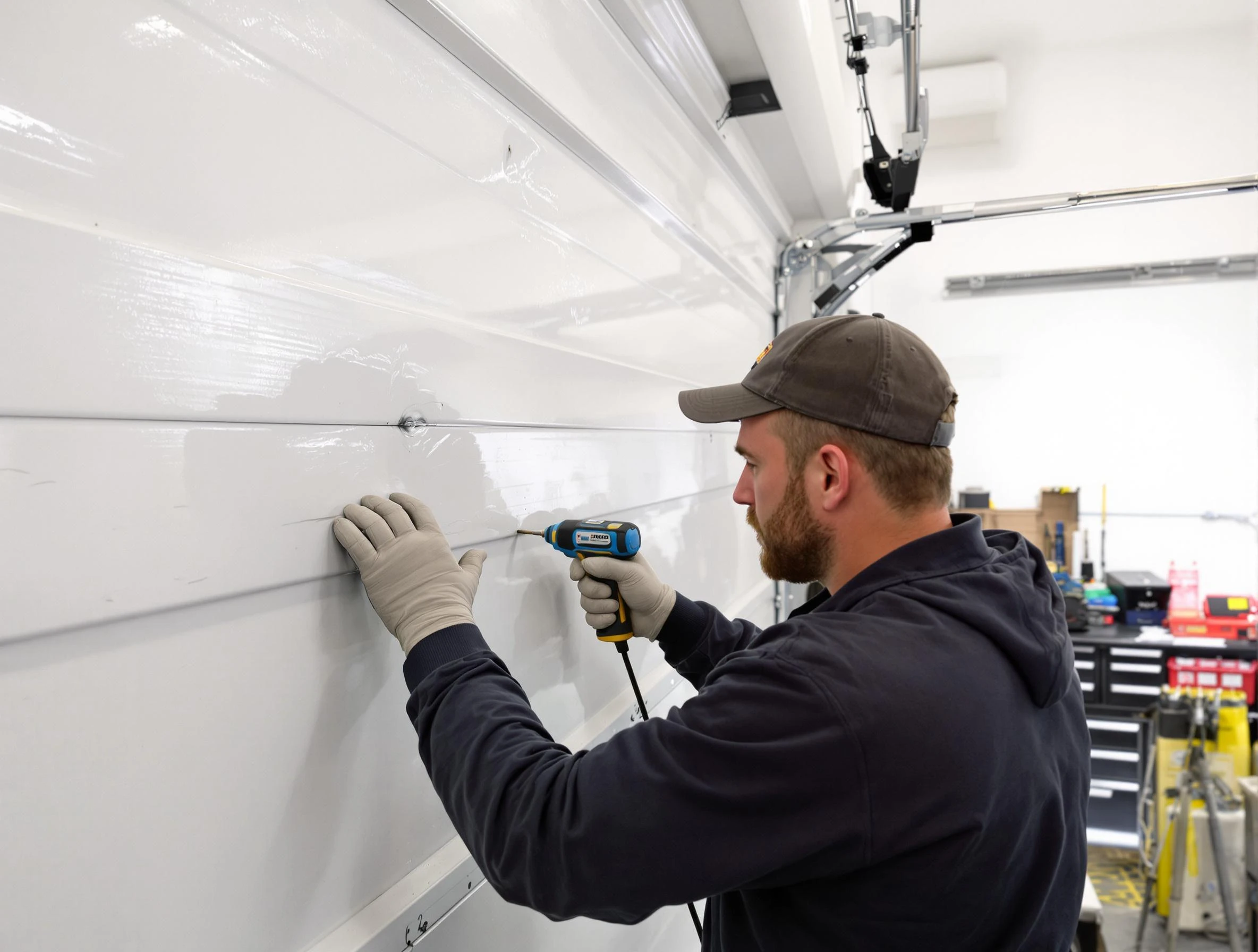 Lafayette Garage Door Repair technician demonstrating precision dent removal techniques on a Lafayette garage door