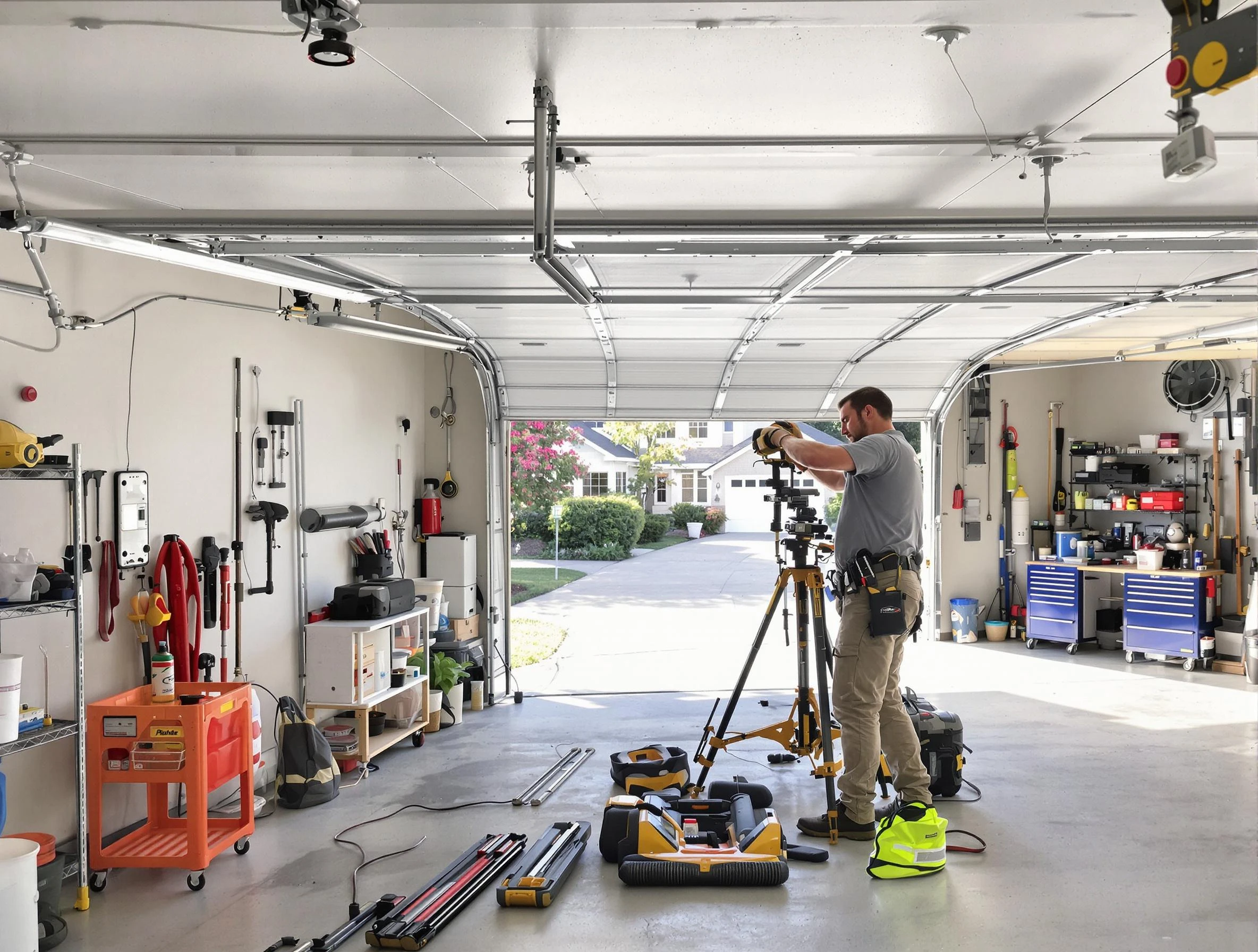 Lafayette Garage Door Repair specialist performing laser-guided track alignment in Lafayette